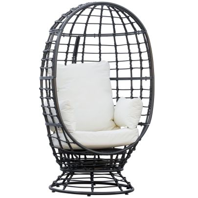 Outsunny Swivel Egg Chair, Rattan Outdoor Chair with Cushion and Pillow for Balcony, Garden, Patio, Black