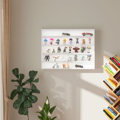  5-Tier Wall Display Shelf Unit Cabinet w/ Adjustable Shelves Glass Doors White