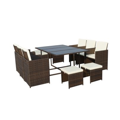 Cannes Quad Weave Standard Rattan 10 Seater Cube Set With Rectangle Table In Brown