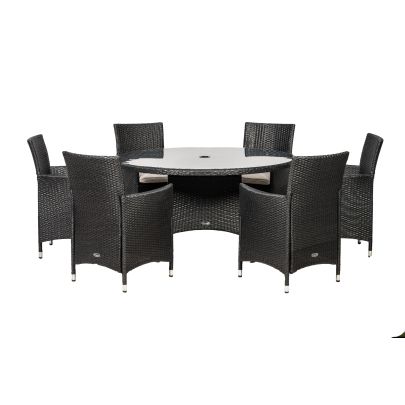 Cannes Quad Weave Standard Rattan 6 Seater Dining Set With Round Table In Black