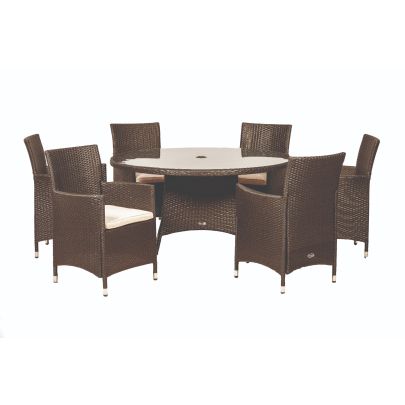 Cannes Quad Weave Standard Rattan 6 Seater Dining Set With Round Table In Brown