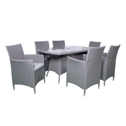 Cannes Quad Weave Standard Rattan 6 Seater Dining Set With Rectangle Table In Grey