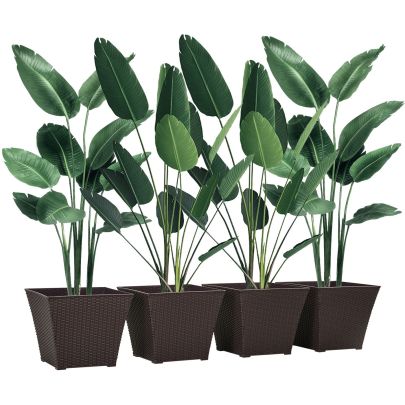 Outsunny Outdoor Planter Pack of 4, Rattan Effect Plant Pots Indoor Stackable Design, for Garden Patio Porch Deck, Brown