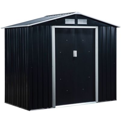 Outsunny Lockable Garden Shed Large Patio Roofed Tool Metal Storage Building Foundation Sheds Box Outdoor Furniture, 7ft x 4ft, Dark Grey