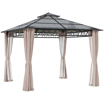 Outsunny 3 x 3 (m) Outdoor Polycarbonate Gazebo, Double?Roof Hard Top Gazebo with?Galvanized Steel Frame, Nettings?&?Curtains