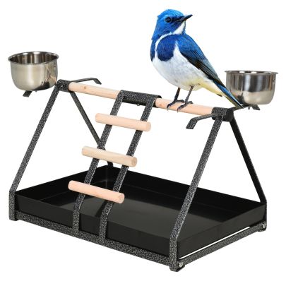 Portable Parrot Bird Stainless Steel Feeder w/ Fir Wood Perch Removable Tray