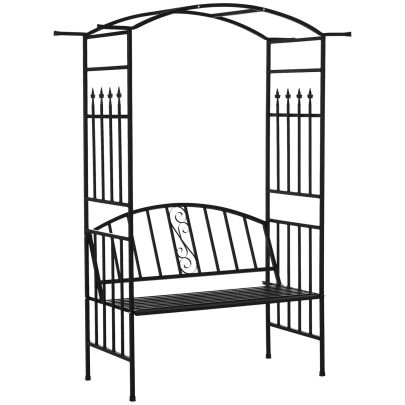 Outsunny Garden Metal Arch Arbour with Bench Love Seat Chair Outdoor Patio Rose Trellis Pergola Climbing Plant Archway Tubular- 154L x 60W x 205Hcm