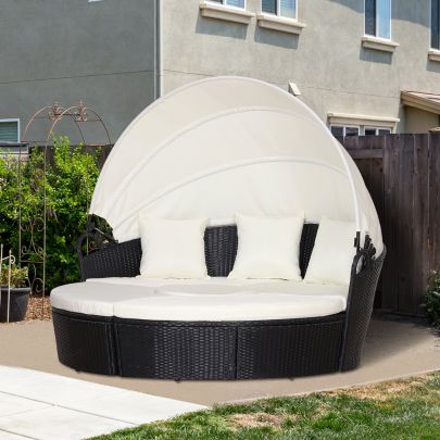  PE Rattan 5-Piece Outdoor Garden Round Sofa w/ Canopy Black