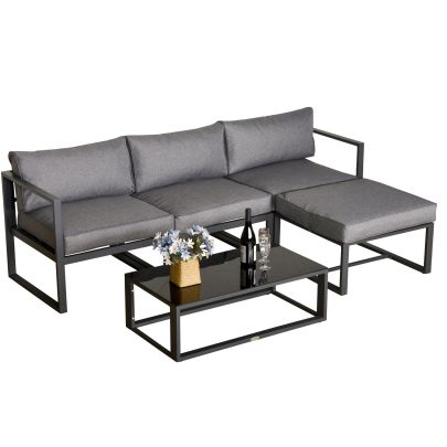  5 Pieces Outdoor Patio Furniture Set with Glass End Table Padded Cushion Grey