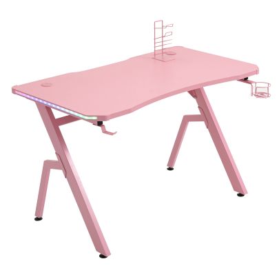 LED Ergonomic Gaming Desk Computer Table with Cup Holder Cable Management, Pink