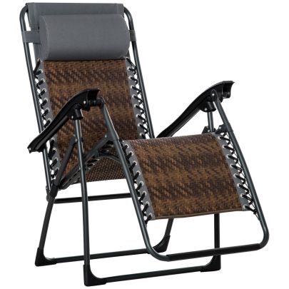 Outsunny Outdoor Zero Gravity Folding Sun Lounge Chair with Headrest, Recliner Chair w/ Cup and Phone Holder for Garden, Balcony, Deck, Brown