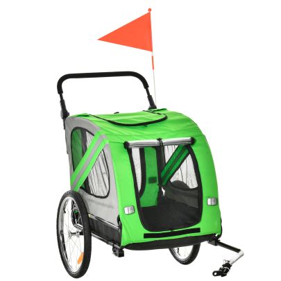  2-In-1 Dog Bike Trailer Pet Stroller Pushchair with Universal Wheel Reflector Flag Green