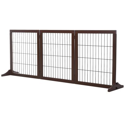  3 Panel Pet Gate Pine Frame Indoor Foldable Dog Barrier w/Supporting Foot, Brown
