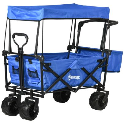 Outsunny Folding Trolley Cart Storage Wagon Beach Trailer 4 Wheels with Handle Overhead Canopy Cart Push Pull for Camping, Blue