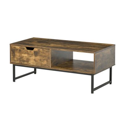 Industrial Coffee Table with Shortage Shelf & Drawer End Table Metal Frame Brown