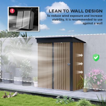 Outsunny Metal Garden Shed, Outdoor Lean to Shed for Tool Motor Bike, with Adjustable Shelf, Lock, Gloves, 5'x3'x6', Brown