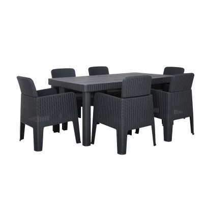 Faro Polypropylene 6 Seater Dining Set With Rectangle Table In Black