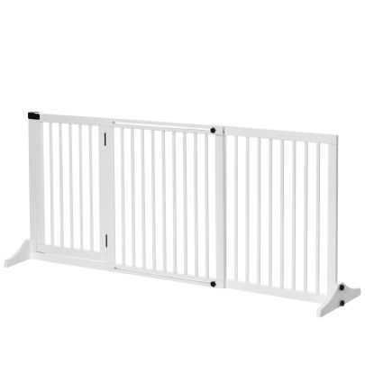  Freestanding Length Adjustable Wooden Pet Gate with Lockable Door 3 Panels White