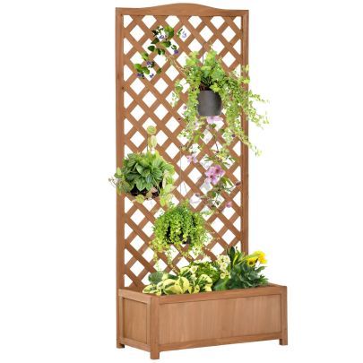 Outsunny Garden Wooden Planter Box with Trellis Free Standing Flower Raised Bed with Lattice for Climbing Plants, 76cm x 36cm x 170cm, Brown