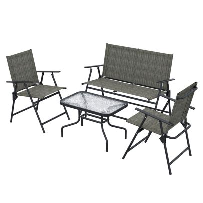 Outsunny Outdoor?4 Pieces Patio Furniture Set with Breathable Mesh Fabric?Seat & Backrest,?Garden Set with Two Foldable Armchairs, a Loveseat &?Glass?Top?Table, Mixed Brown