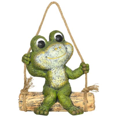 Outsunny Hanging Garden?Statue, Vivid Frog on Swing Art Sculpture, Outdoor Ornament Home Decoration, Green