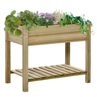 Outsunny Garden Wooden Planters? Raised Garden Bed with Legs and Storage Shelf, Gardening Standing Growing Bed Flower Boxes for Backyard, Balcony