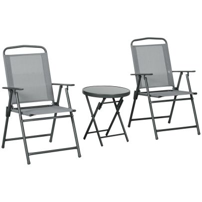 Outsunny 3 Pcs Garden Table and Chairs, Outdoor Bistro Set, Patio Conversation Furniture Set w/ Foldable Armchairs, Glass Top Coffee Table, Light Grey