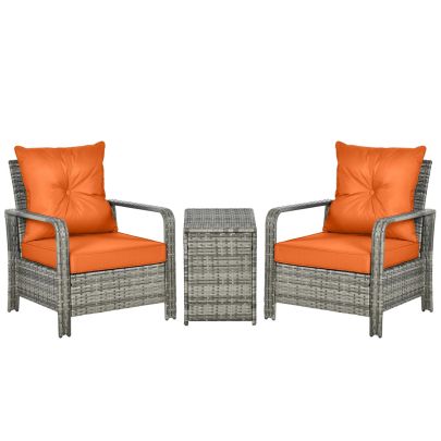 Outsunny 3 pcs PE Rattan Wicker Garden Furniture Patio Bistro Set Weave Conservatory Sofa Storage Table and Chairs Set Orange Cushion, Mixed Grey