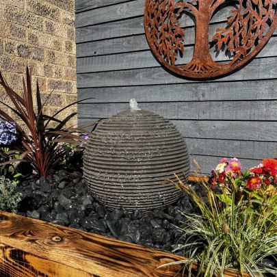 Black Sandstone Ribbed Sphere 40cm Stone Solar Water Feature