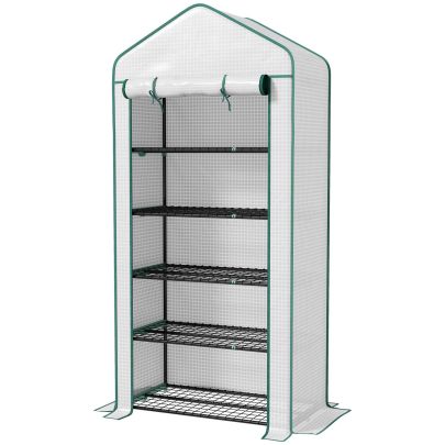Outsunny 5 Tier Widened Mini Greenhouse w/ Reinforced PE Cover, Portable Green House w/ Roll-up Door & Wire Shelves, 193H x 90W x 49Dcm, White