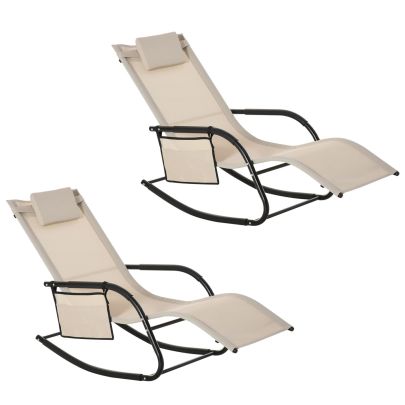 Outsunny 2PCs Outdoor Garden Rocking Chair, Patio Sun Lounger Rocker Chair with Breathable Mesh Fabric, Removable Headrest Pillow, Armrest, Side Storage Bag, Cream White