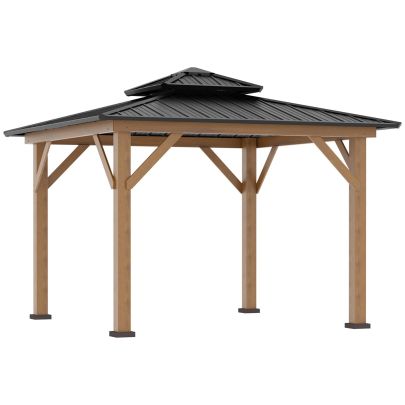 Outsunny 3.5 x 3.5m Outdoor Aluminium Hardtop Gazebo Canopy with 2-Tier Roof and Solid Wood Frame Outdoor Patio Shelter for Patio, Garden, Grey
