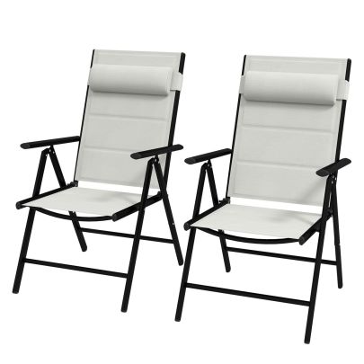 Outsunny Set of 2 Patio Folding Chairs with Adjustable Back, Aluminium Dining Chairs with Breathable Mesh Fabric Padded Seat and Backrest, Headrest for Outdoor Garden Lawn, Light Grey