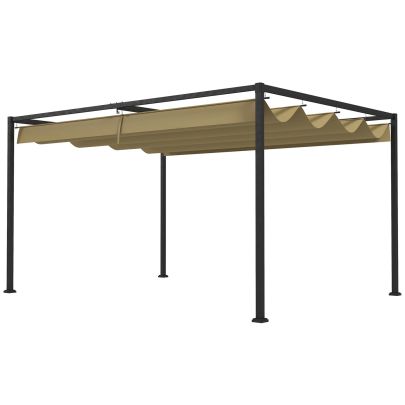 Outsunny 4 x 3(m) Metal Pergola with Retractable Roof, Garden Gazebo Canopy Shelter for Outdoor, Patio, Khaki