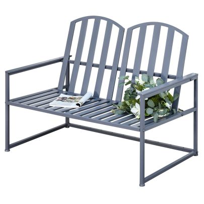 Outsunny Garden Bench Loveseat 2 Seat Chair for Outdoor Park, Yard, Steel Frame, Decorative Slatted Design, Grey