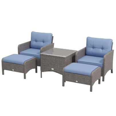 Outsunny 5 Pieces PE Rattan Garden Furniture Set, Wicker Outdoor Sofa Set w/ 2 Armchairs 2 Stools Glass Top Table Cushions, Blue