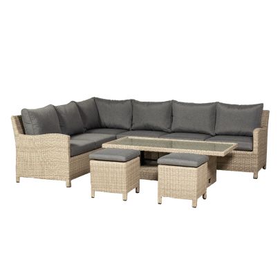 Lisbon Double Weave Premium Rattan 7 Seater Corner Dining Set With Rectangle Table In Brown