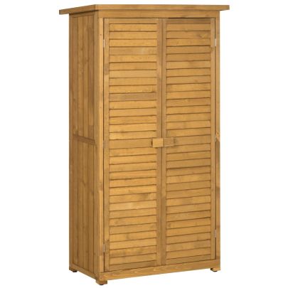 Outsunny Wooden Garden Storage Shed, Compact Utility Sentry Unit, 3-Tier Shelves Tool Cabinet Organizer with Asphalt Roof and Shutter Design