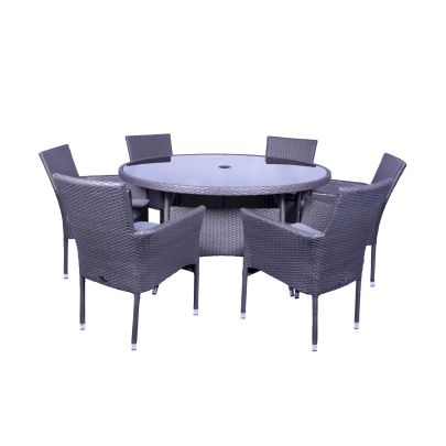 Malaga Single Weave Standard Rattan 6 Seater Dining Set With Round Table In Black