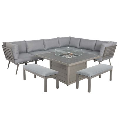 Mayfair Aluminium 9 Seater Corner Dining Set With Square Firepit Table In Grey