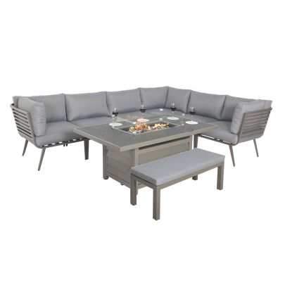 Mayfair Aluminium 7 Seater Corner Dining Set With Rectangle Firepit Table In Grey