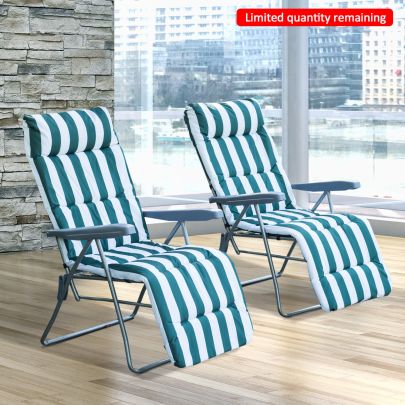 2 Pc Folding Sun Reclining Chairs Inc Cushions Set Green & White