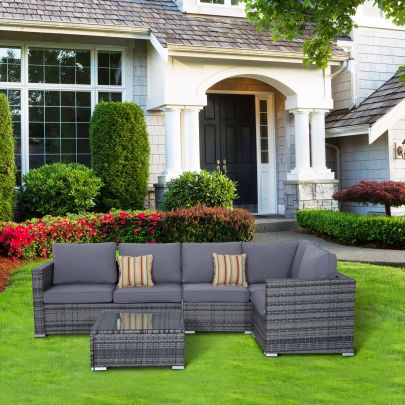 Outdoor Corner Sofa 4 PC Patio Rattan Set Cushioned Coffee Table Garden Furniture Grey