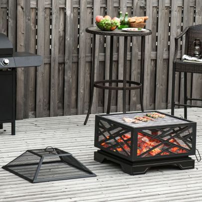 Outdoor Square Fire Pit Patio Metal Brazier Inc Grill Net Mesh Cover Poker 66cm