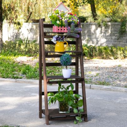 4 Tier Wooden Plant Shelf Foldable Flower Pots Holder Stand Indoor Outdoor