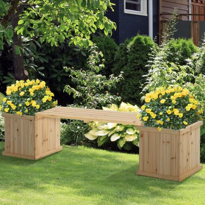Wooden Garden Planter & Bench Combination Garden Raised Bed Patio Park Natural