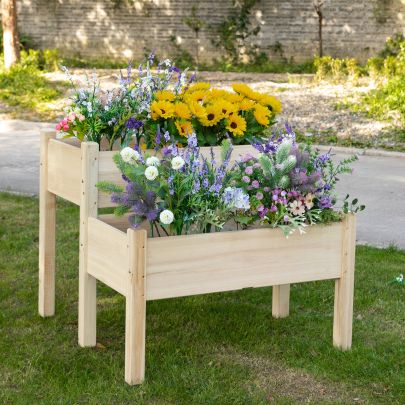 2 Piece Solid Fir Wood Plant Raised Bed Garden Step Planter Stand