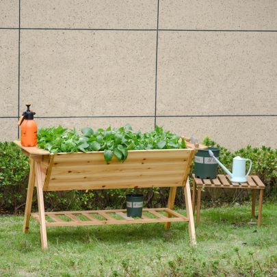 Wooden Planter Garden Raised Bed Free Standing with Storage Shelf Plates
