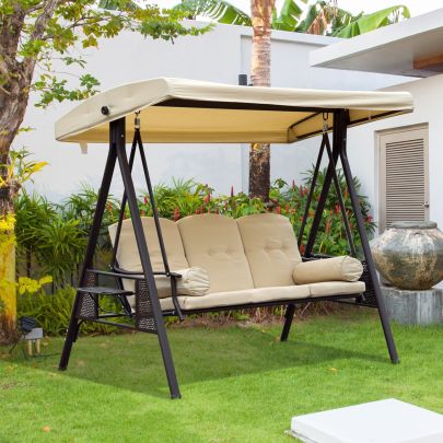 Swing Chair Hammock 3 Seater Canopy Cushion Shelter Outdoor Bench Steel Beige