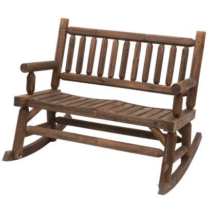 2 Seat Rocking Bench Wood Frame Rough Cut Log Loveseat Slatted Dark Stain Brown